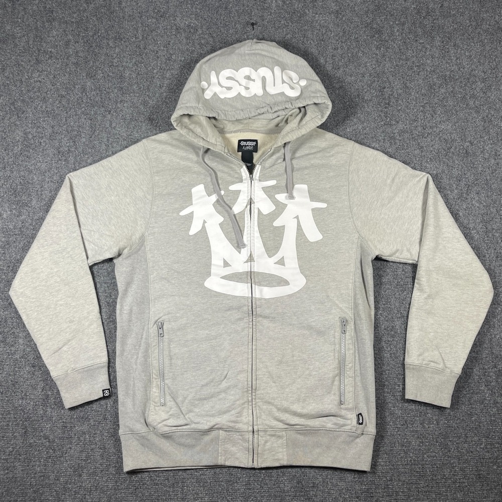 Stussy 00s Y2K Eric Haze Crown Deadstock Zip Up Hoodie Gray White Size XL #3651